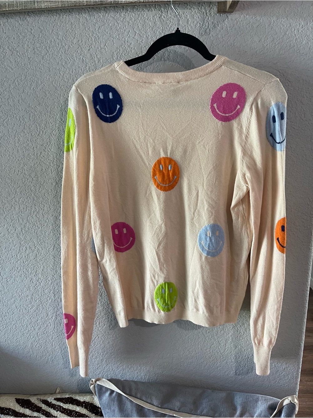 THML Cream Crewneck Sweater with Neon Smiley Motifs - Picture 3 of 4